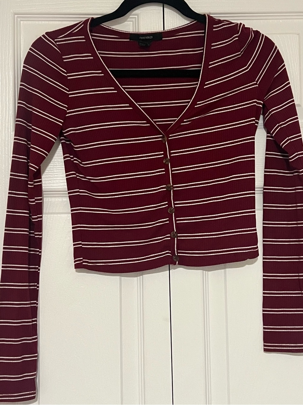 Forever 21 Maroon and White Striped V-Neck Button Crop Top